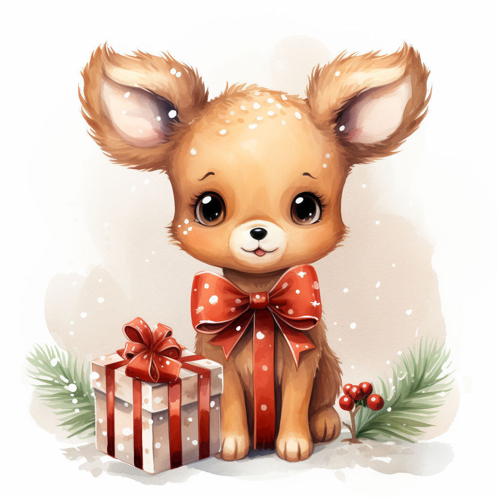 Adorable Christmas reindeer with gifts in watercolor