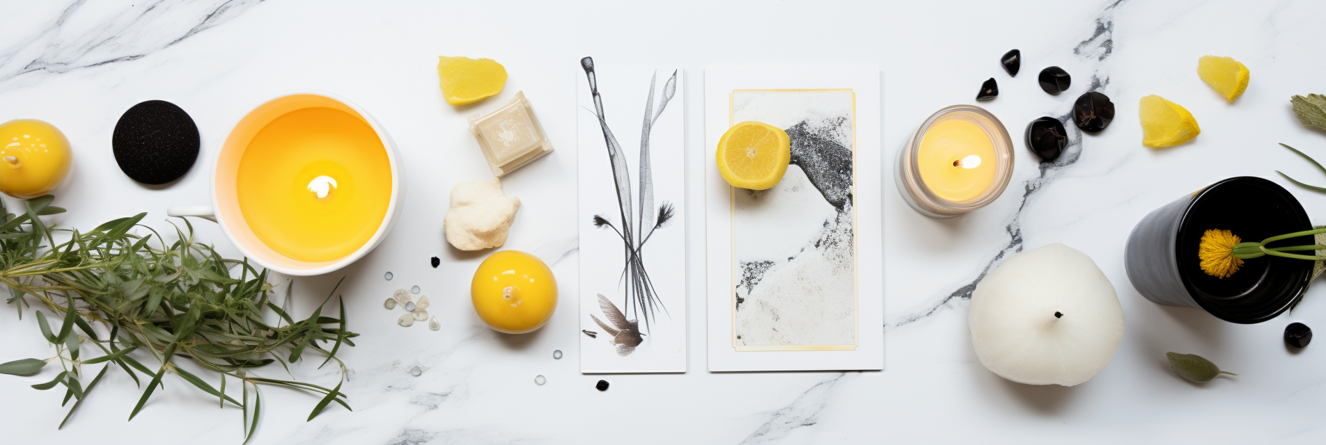 Kawaii fashion editorial with yellow deck, cauldron, herbs, tarot cards, candle on white marble