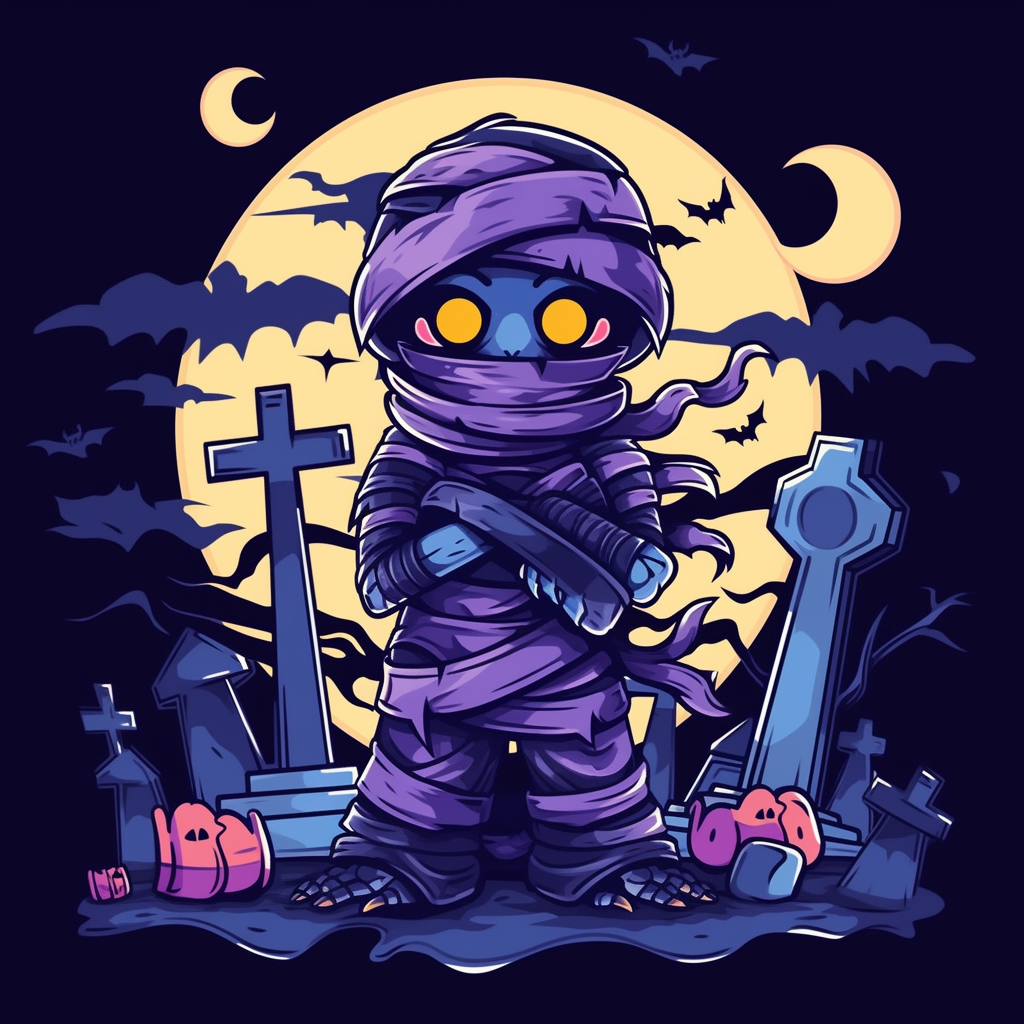 Cute kawaii mummy in graveyard