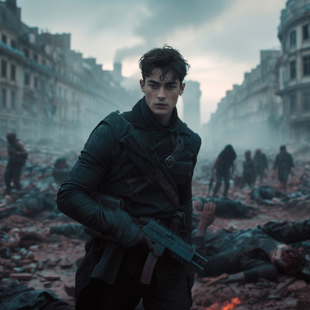 Kaz Brekker with gun in ruined city surrounded by zombies