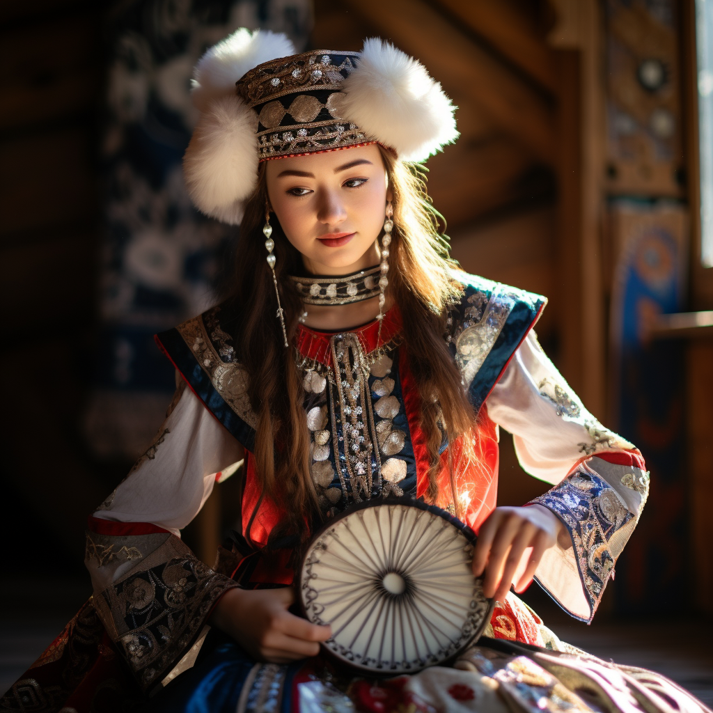 Kazakh girl playing dombra in yurt