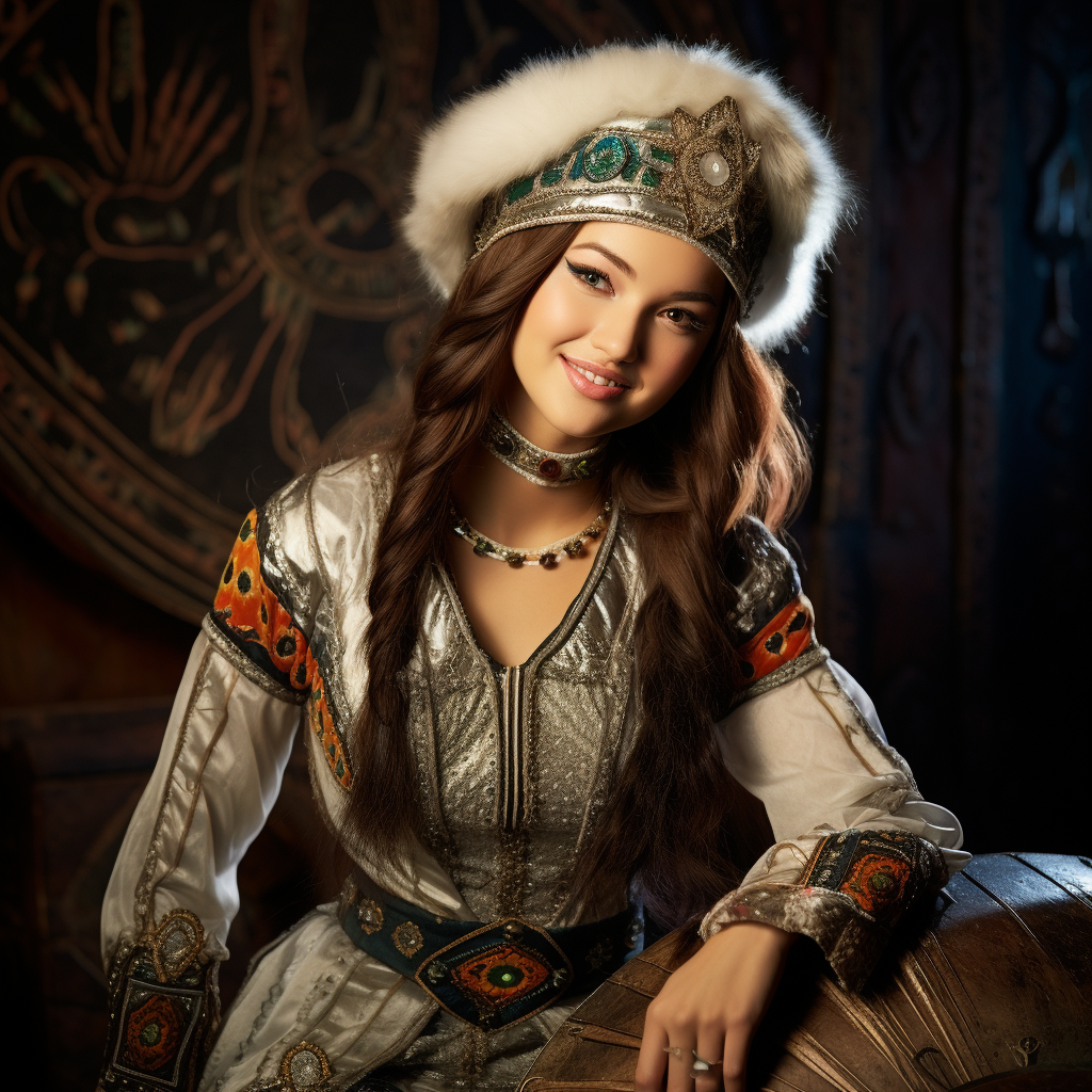 Kazakh girl playing national musical instrument in costume