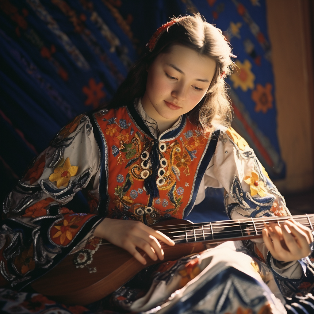 Girl playing dombra in Kazakh yurt