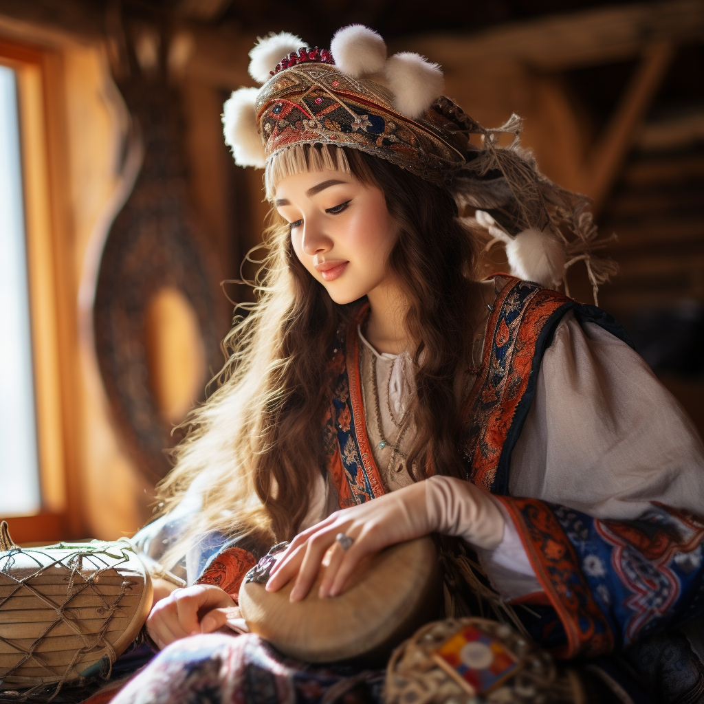 Kazakh girl playing dombra in yurt