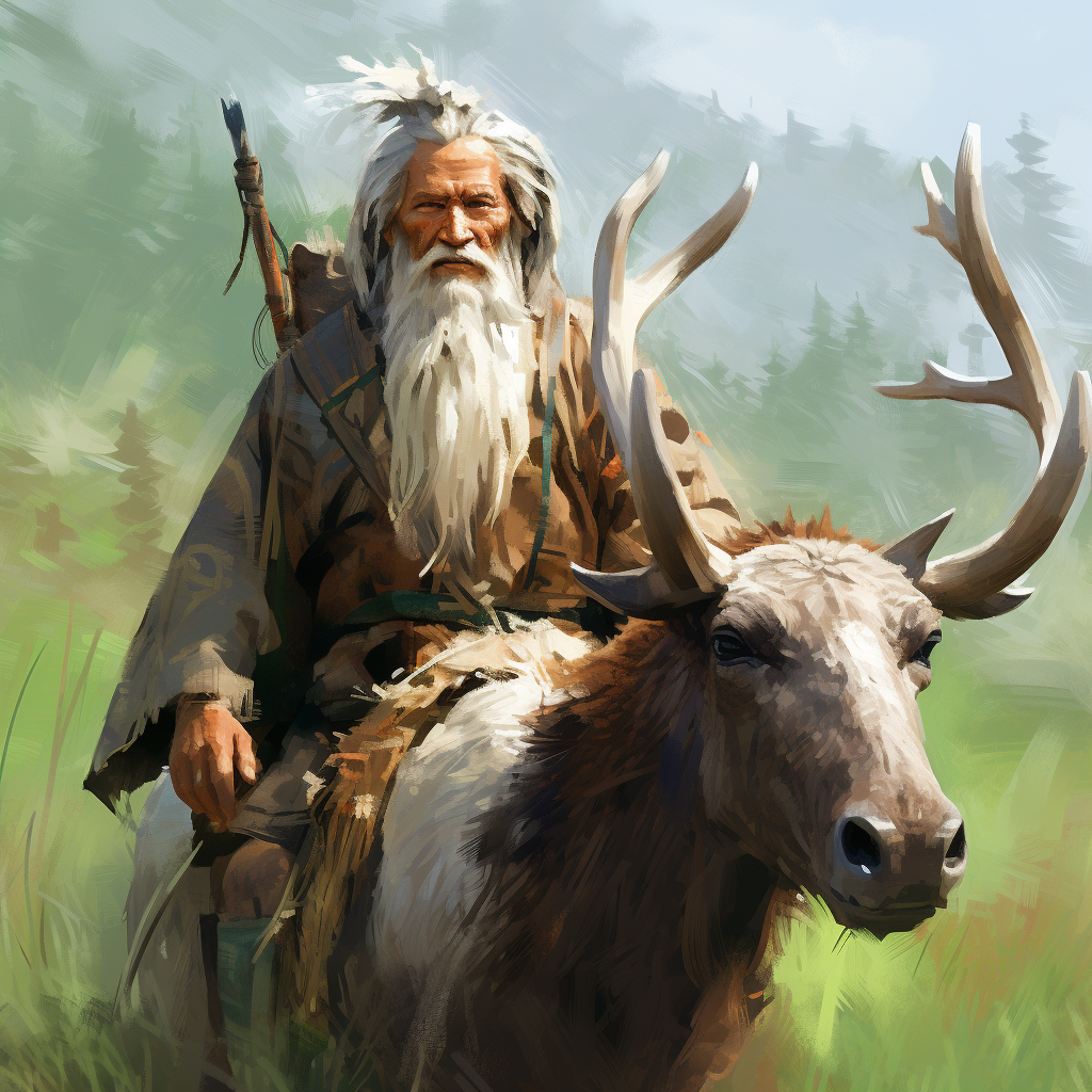 Old Kazakh Nomad with White Beard and Pointy Wizard Hat