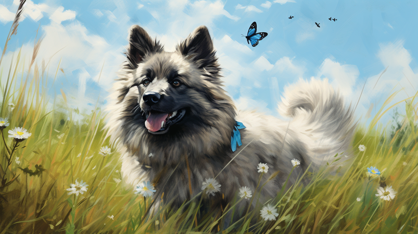 Keeshond playing with butterfly in grass on a blue skies day