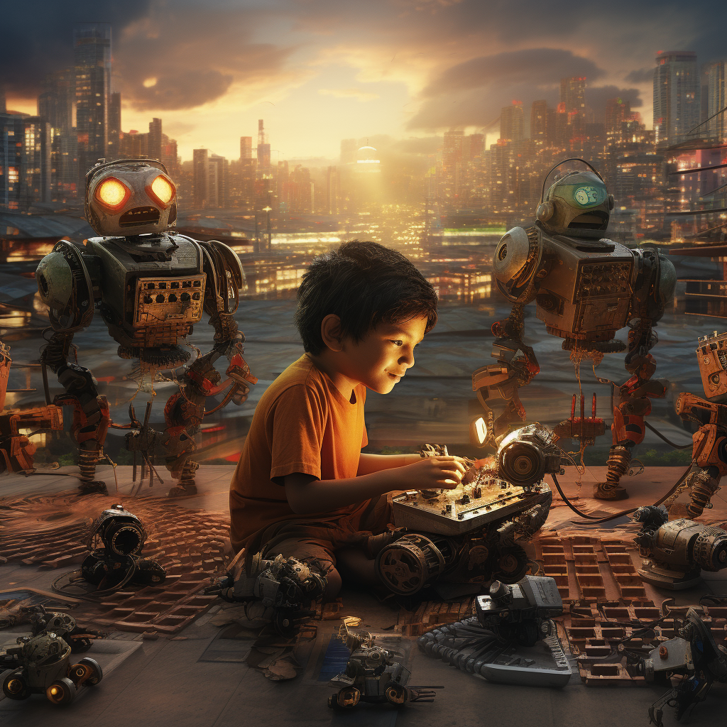 Boy playing with robots in solar punk scene