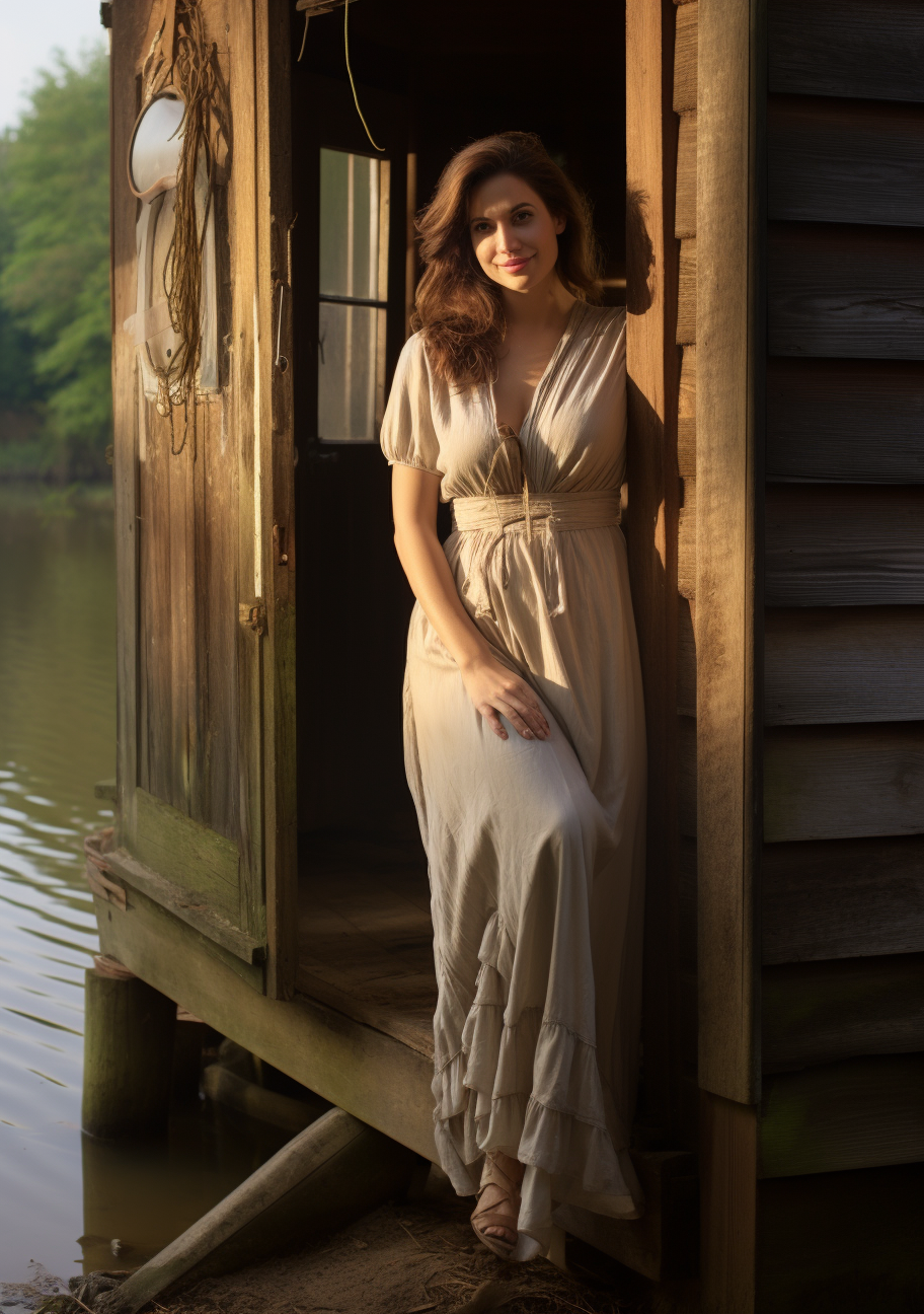 Kelly Brook in wooden shack by the river