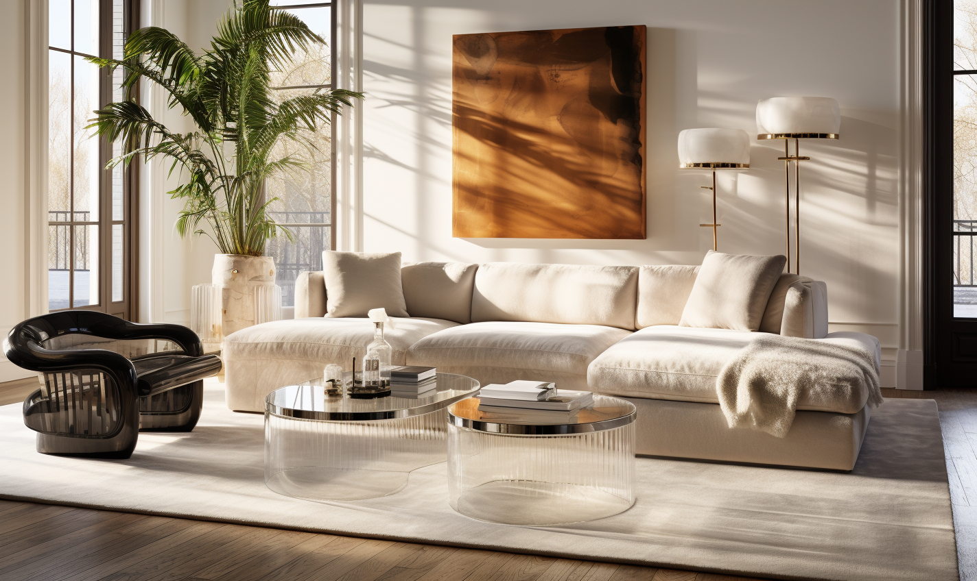 Stylish living room with glass coffee table, acrylic chair, and glass vase