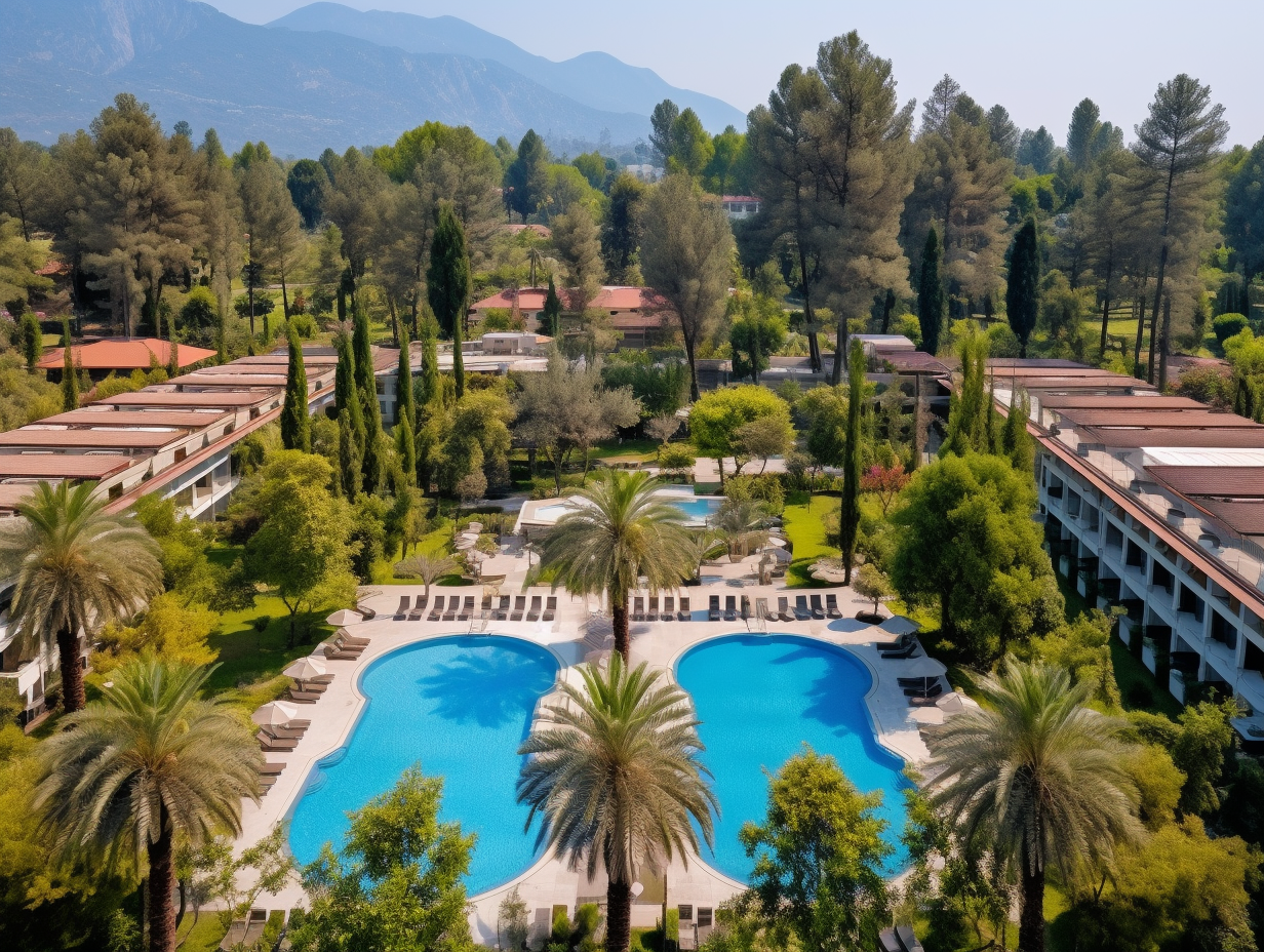 Aerial view of Mediterranean resort hotel