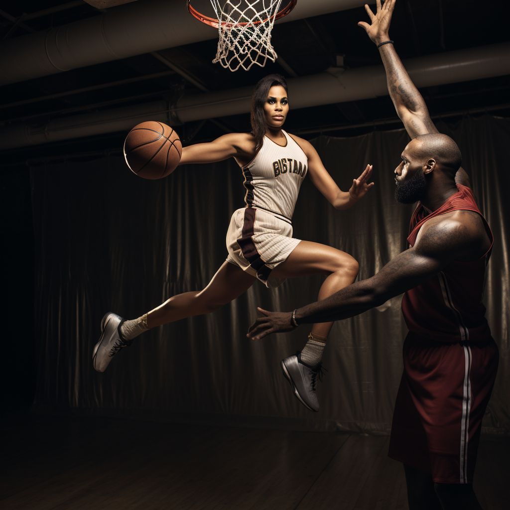 Kendell Jenner dunking over LeBron James photo