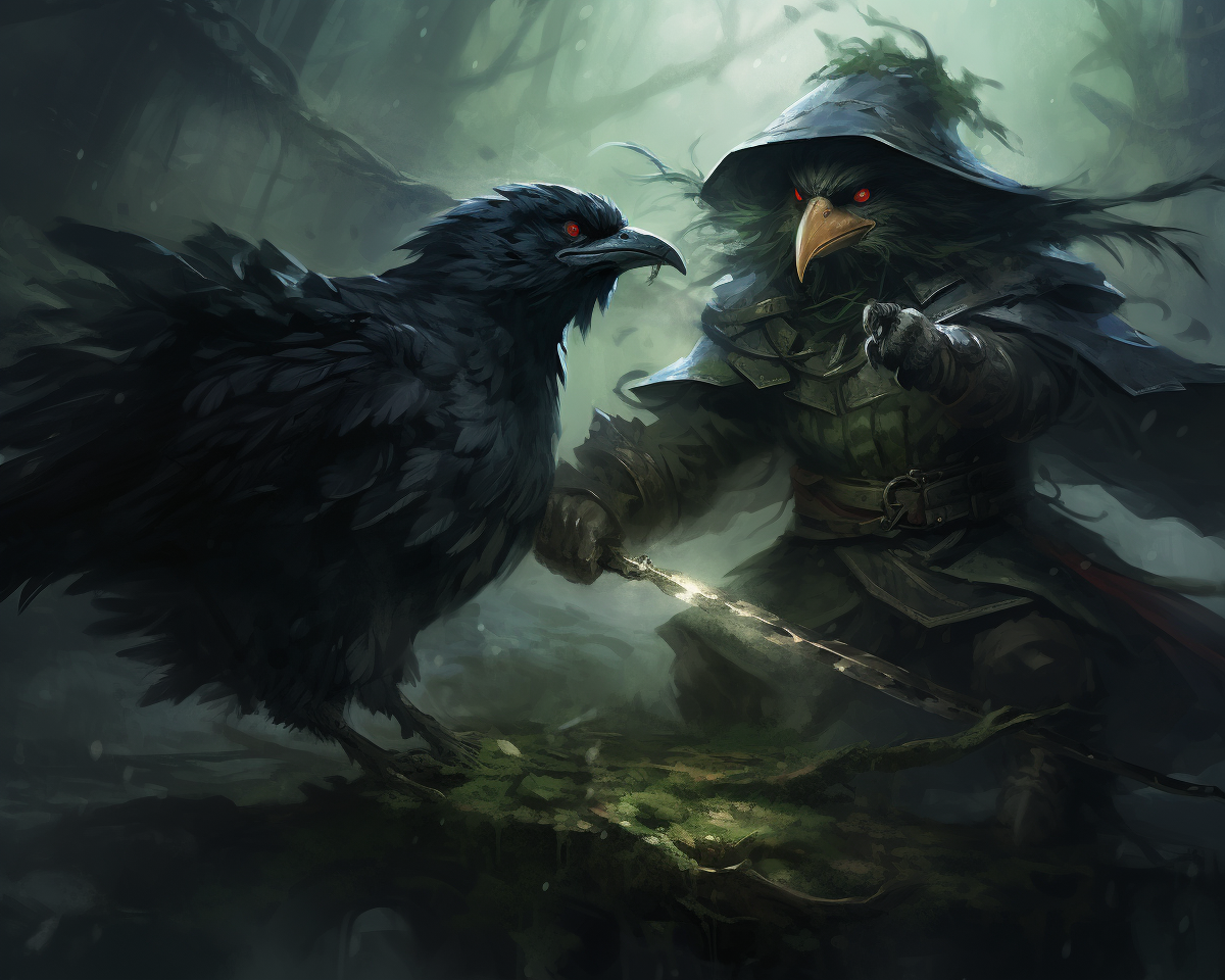 Kenku monk fighting orc in dark forest