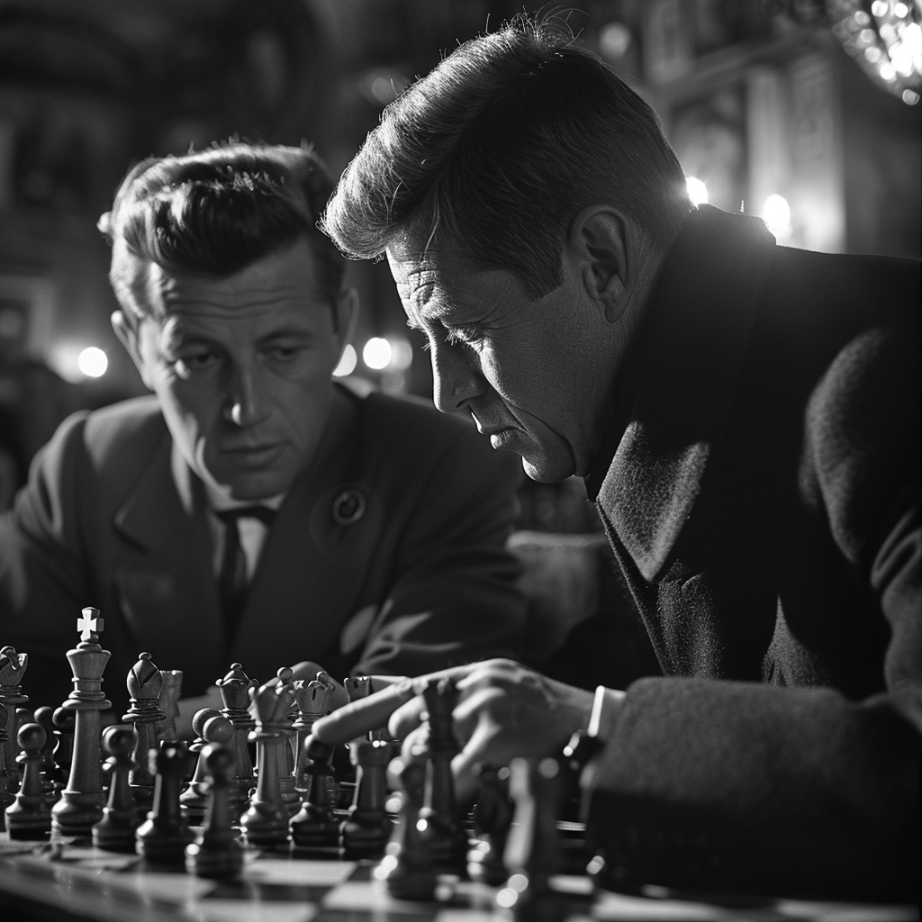 Black and white photograph of Kennedy playing chess with Stalin