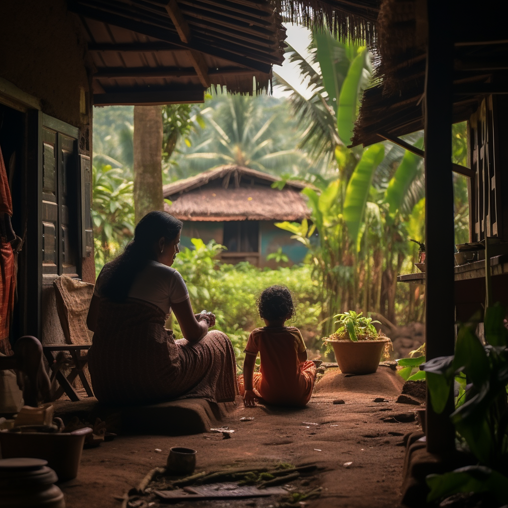 Kerala traditional home with mom and child playing