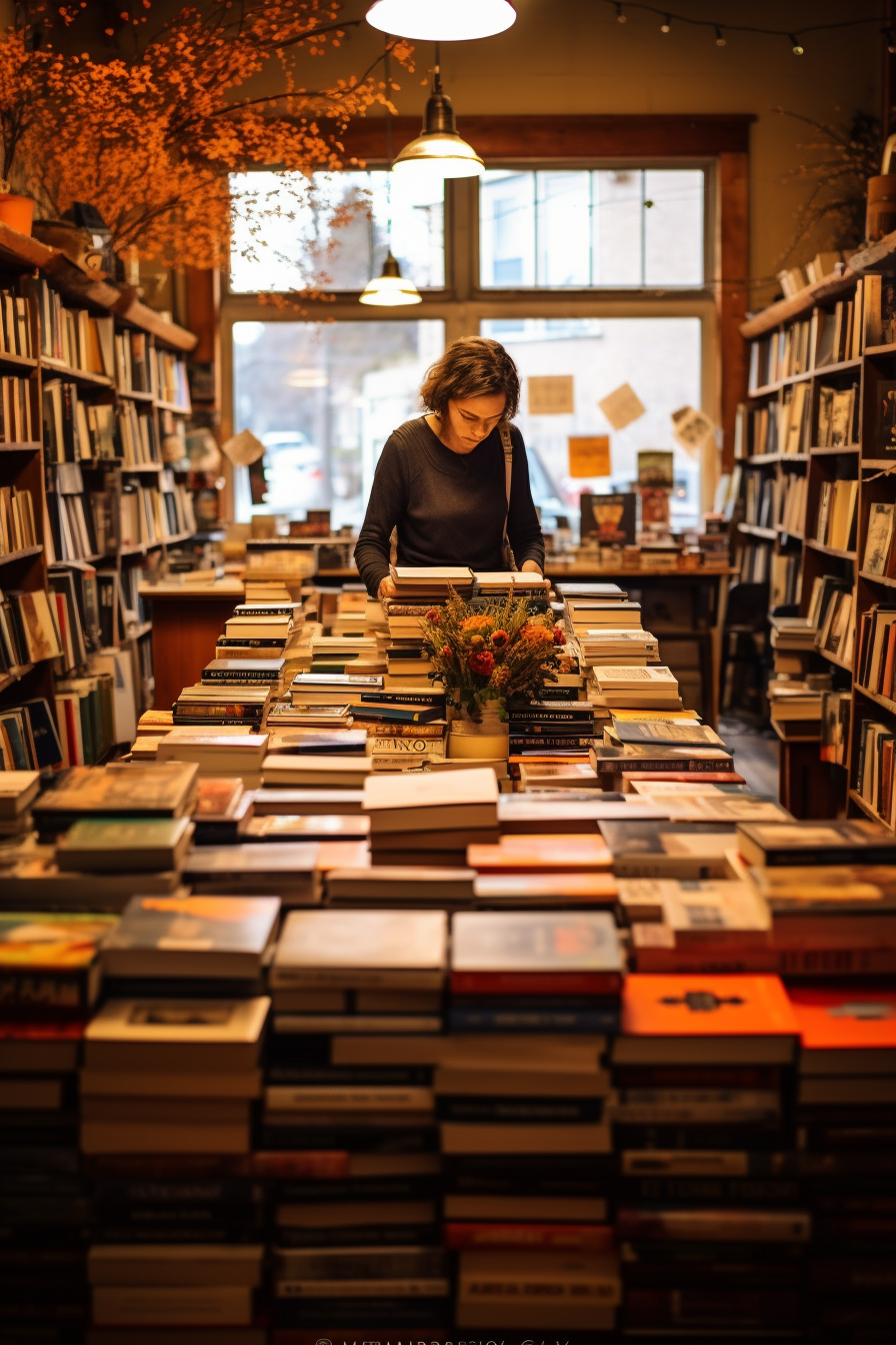 Bookstore owner sorting books at Kestrel Books Vancouver