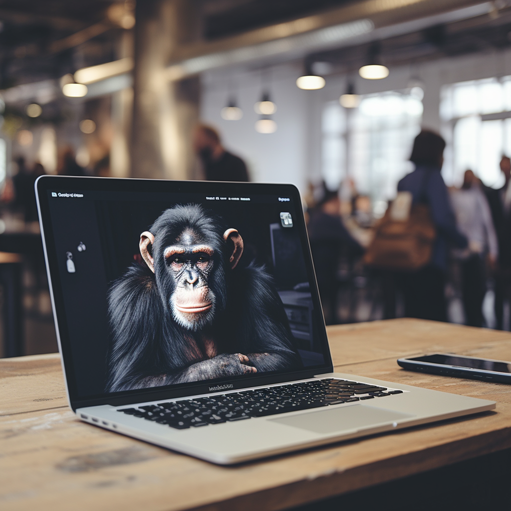 Photorealistic chimpanzee with keynote on MacBook