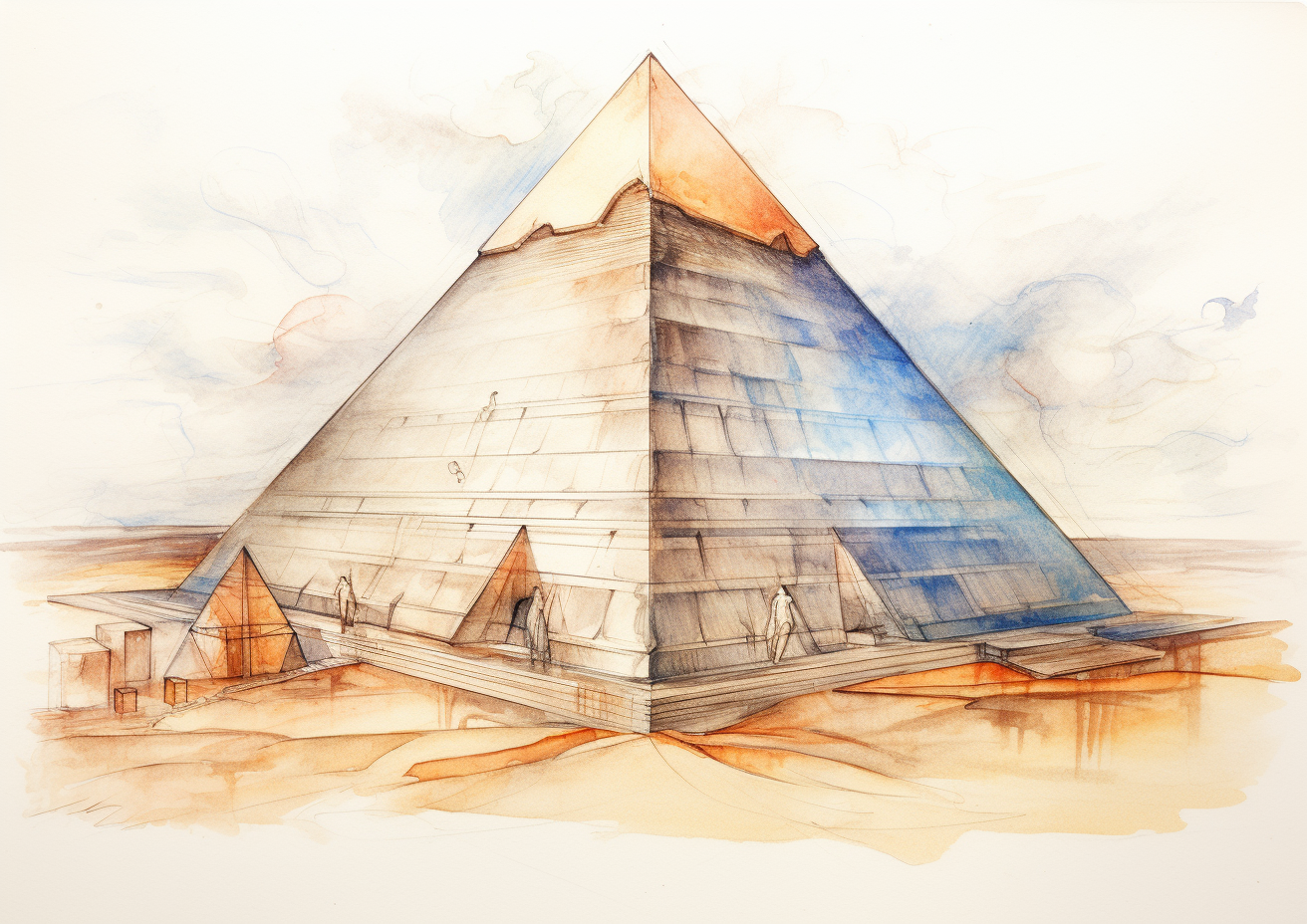 Kheops Pyramid archeologist sketch in Louvre style