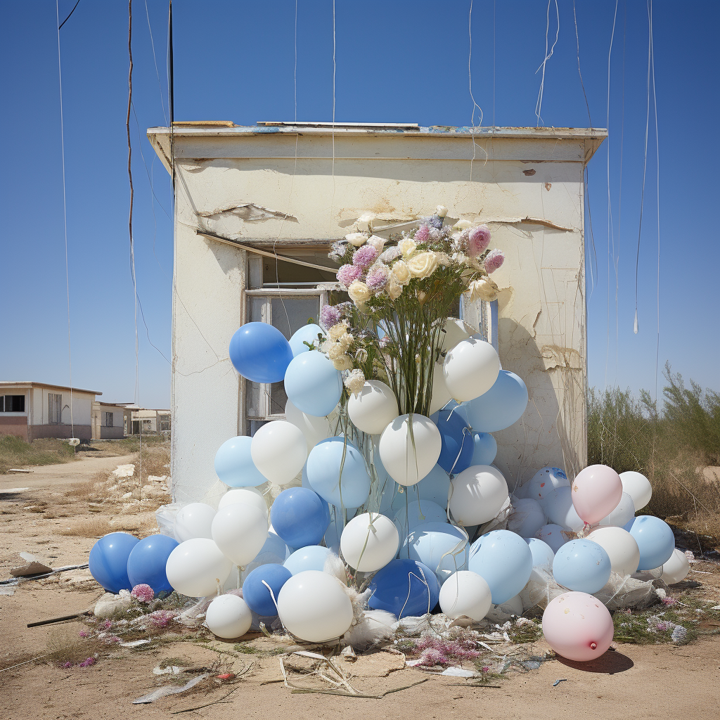 Colorful kibbutz houses surrounded by flowers and balloons