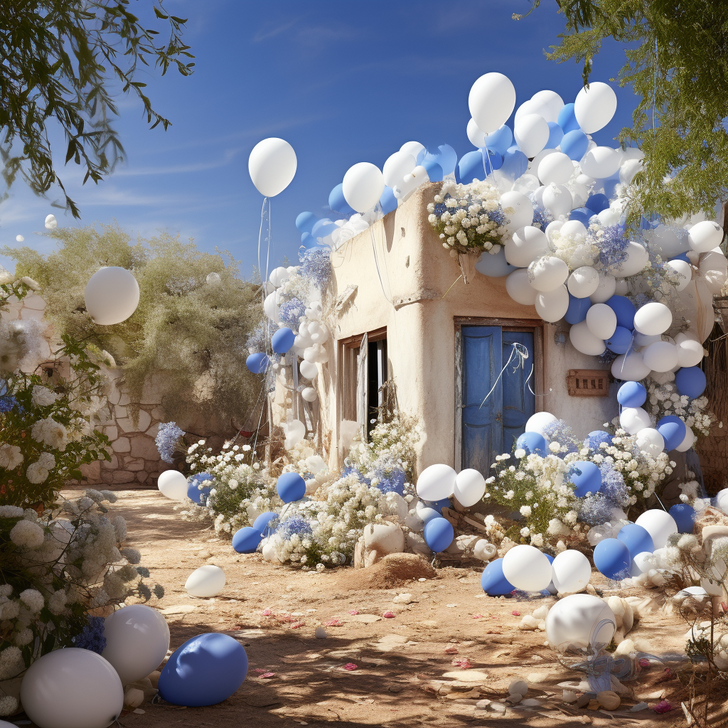 Scenic kibbutz with flowers and balloons