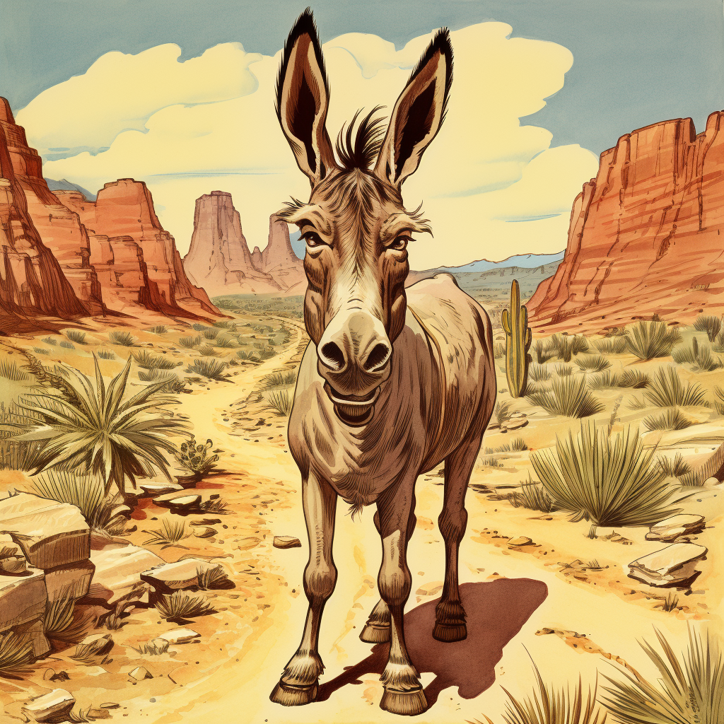 kicking donkey in desert staring at camera