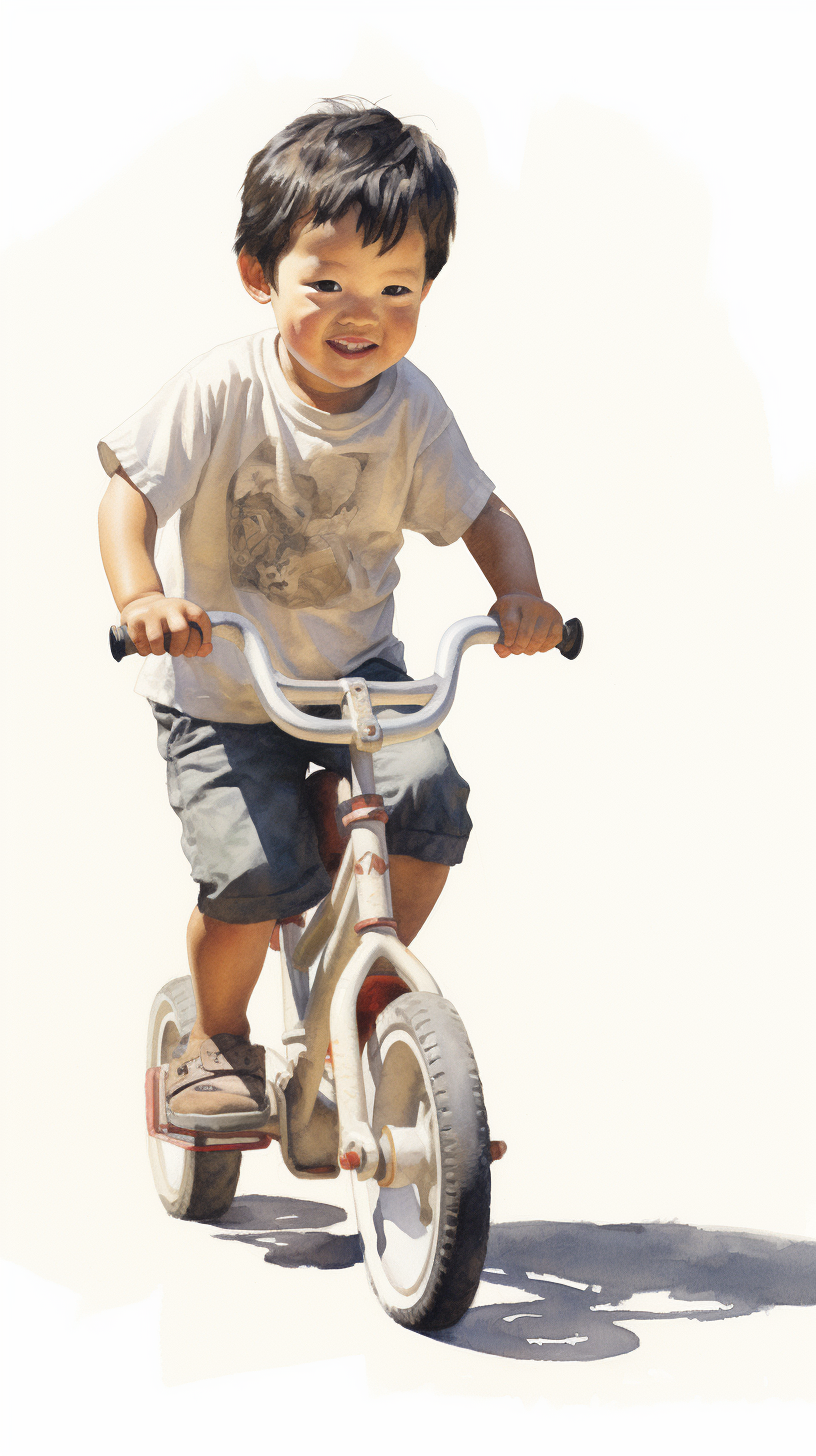 Kid climbing tricycle in outdoor sunlight