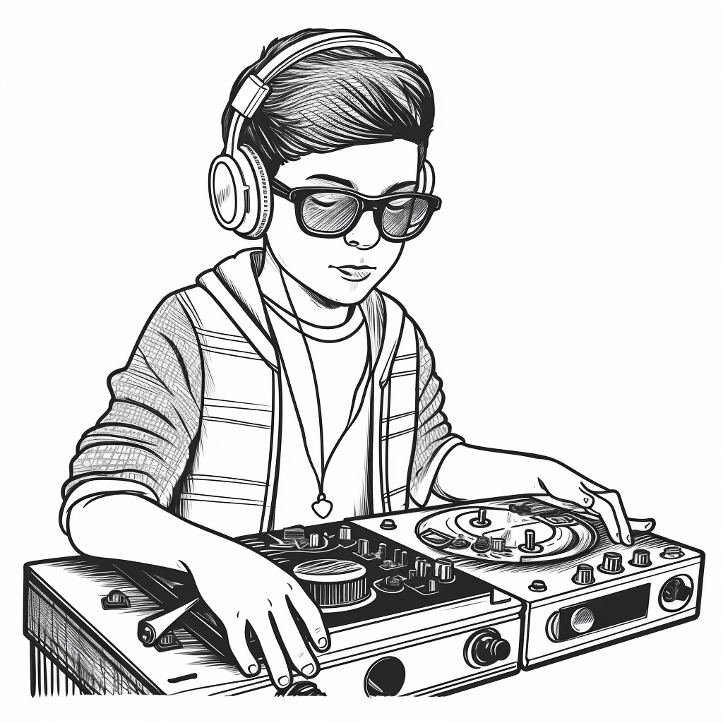 Black and white outline of a kid deejaying