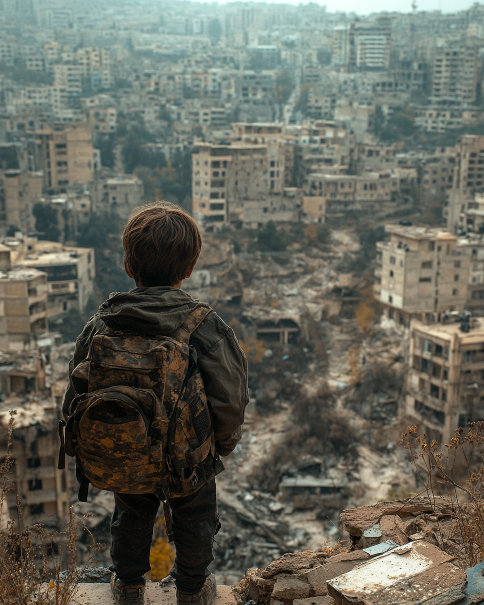 kid gazes at fading cityscape through camera lens.