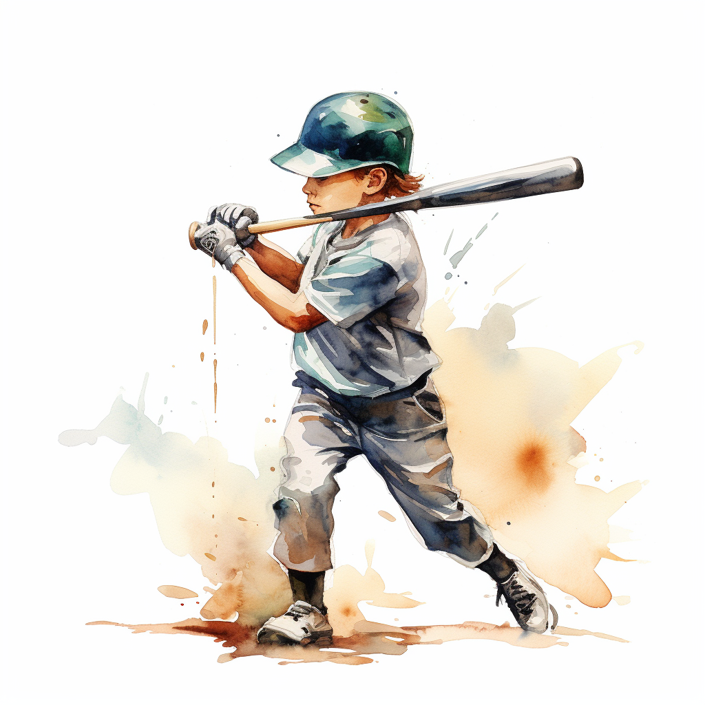 Kid hitting baseball with watercolor style