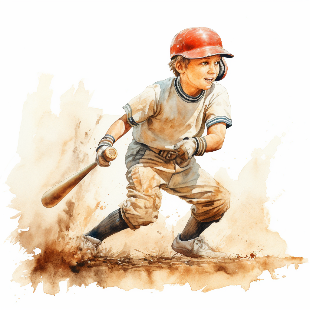 Kid hitting baseball in watercolor style