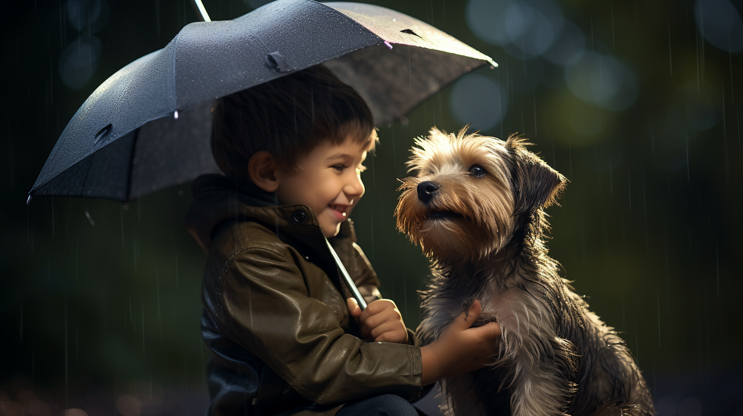 Kid protecting cute dog with umbrella