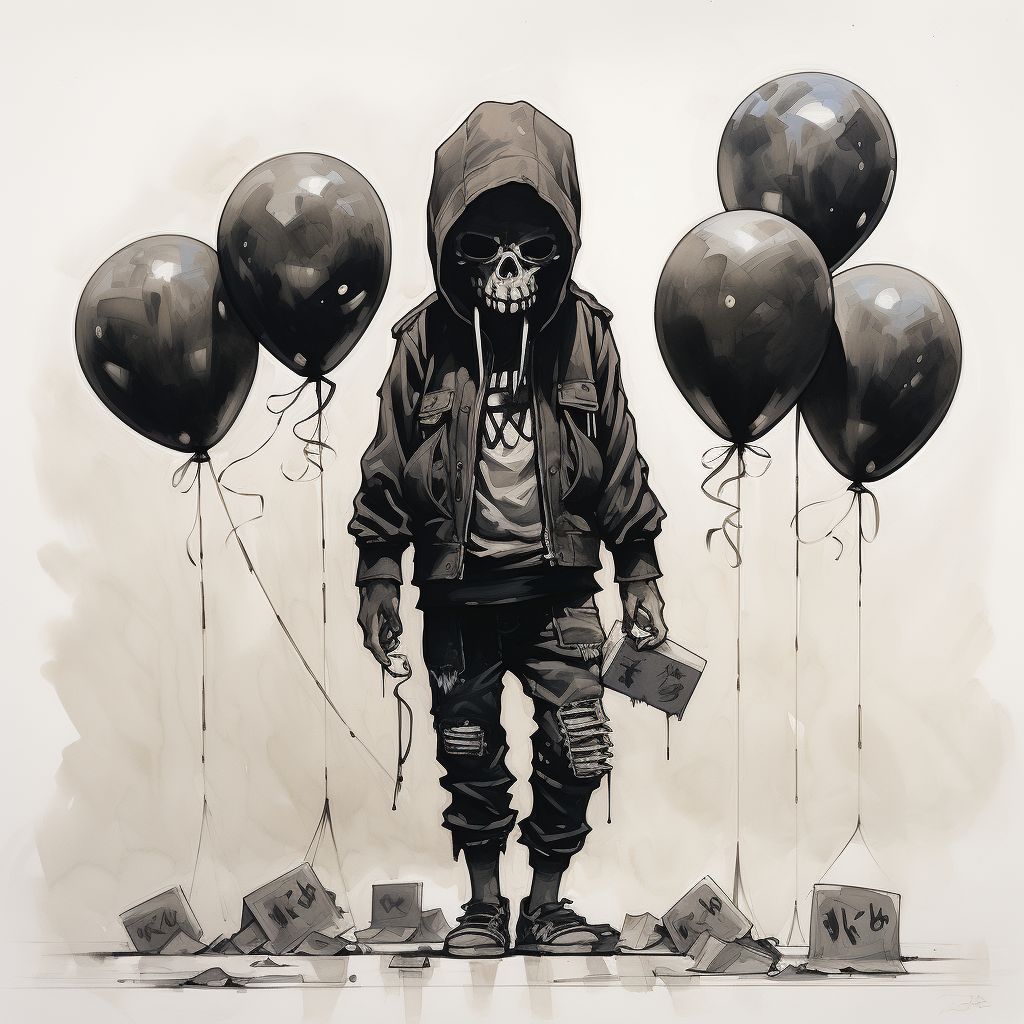 Kid with Hoodie and Gas Mask Holding Balloons