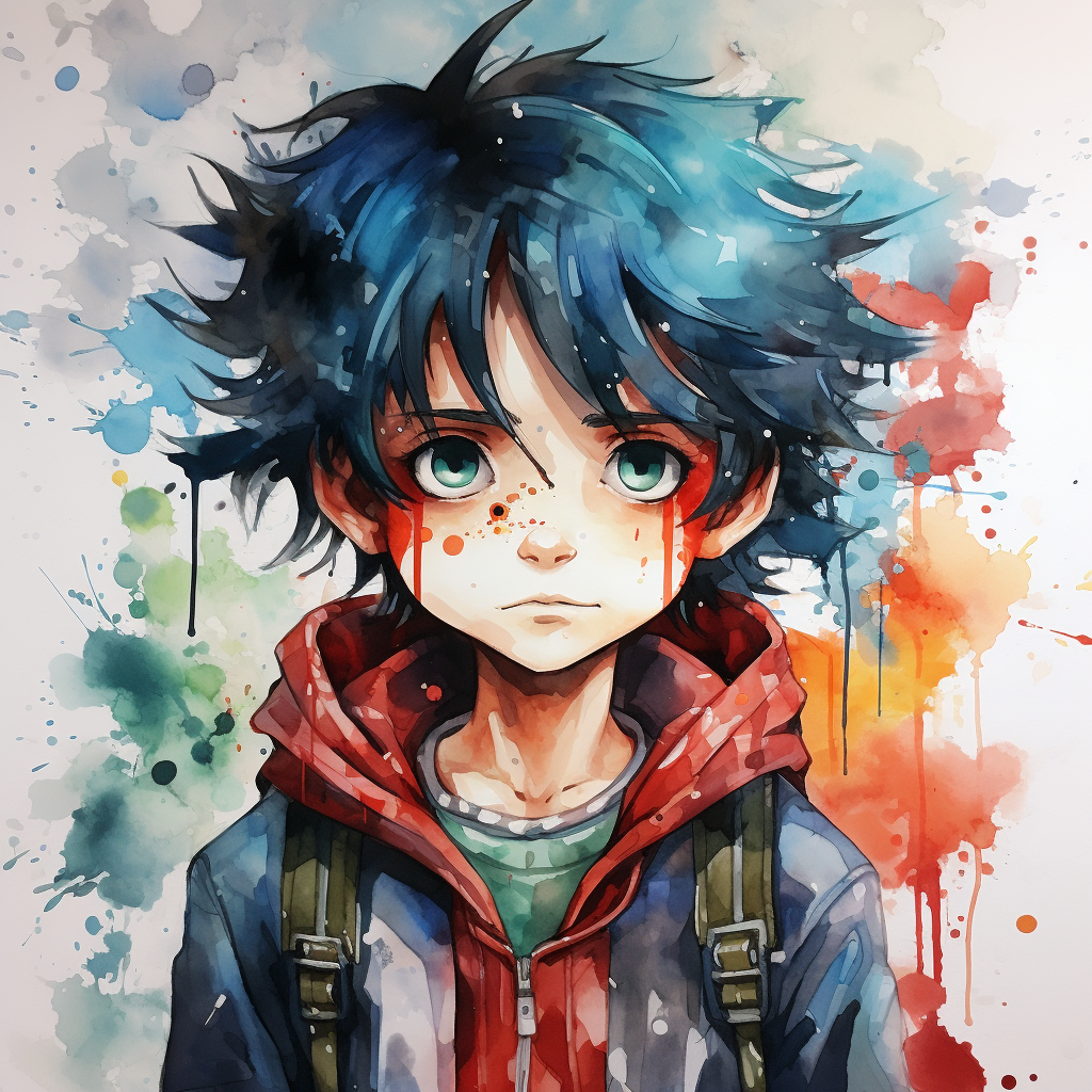 Kid in Japanese Manga Watercolor