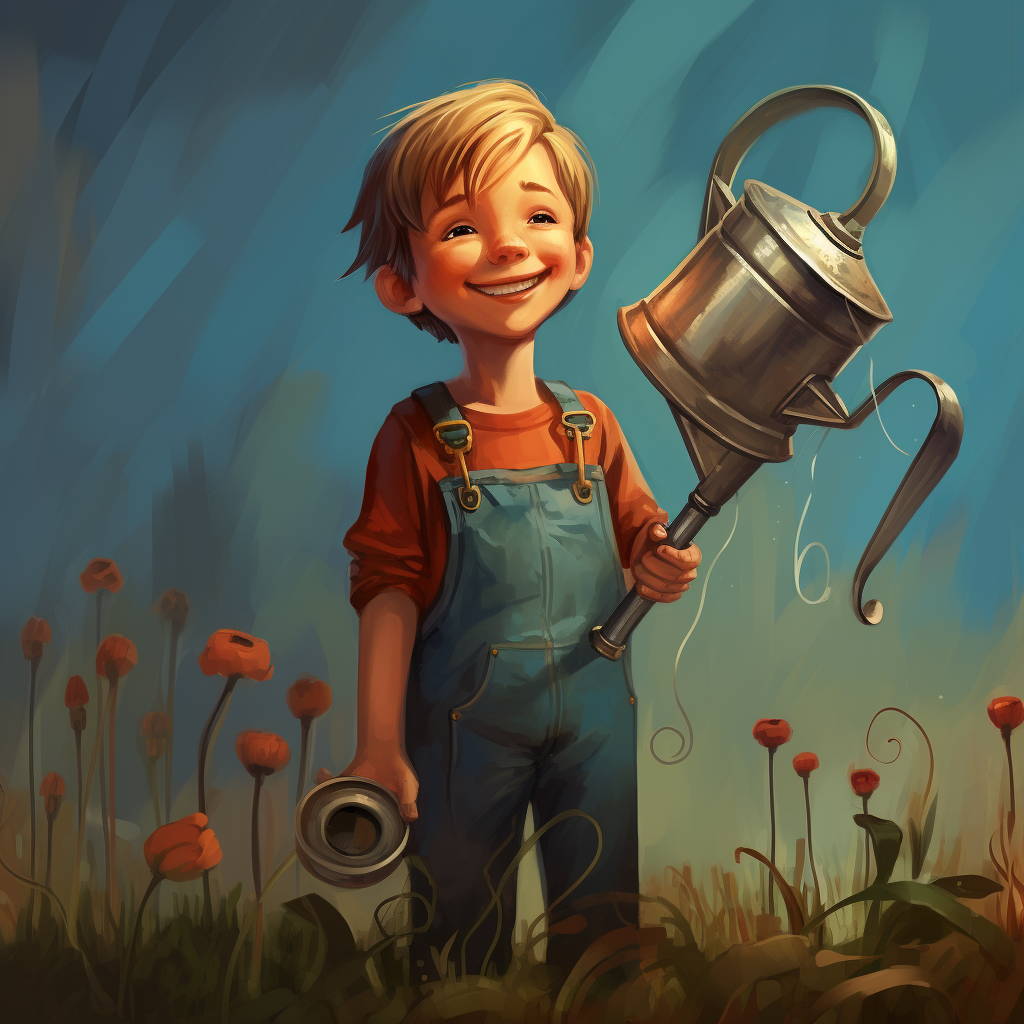 Smiling kid with kinetic arm holding watering can