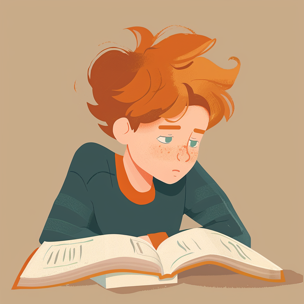 Kid with orange brown hair reading books