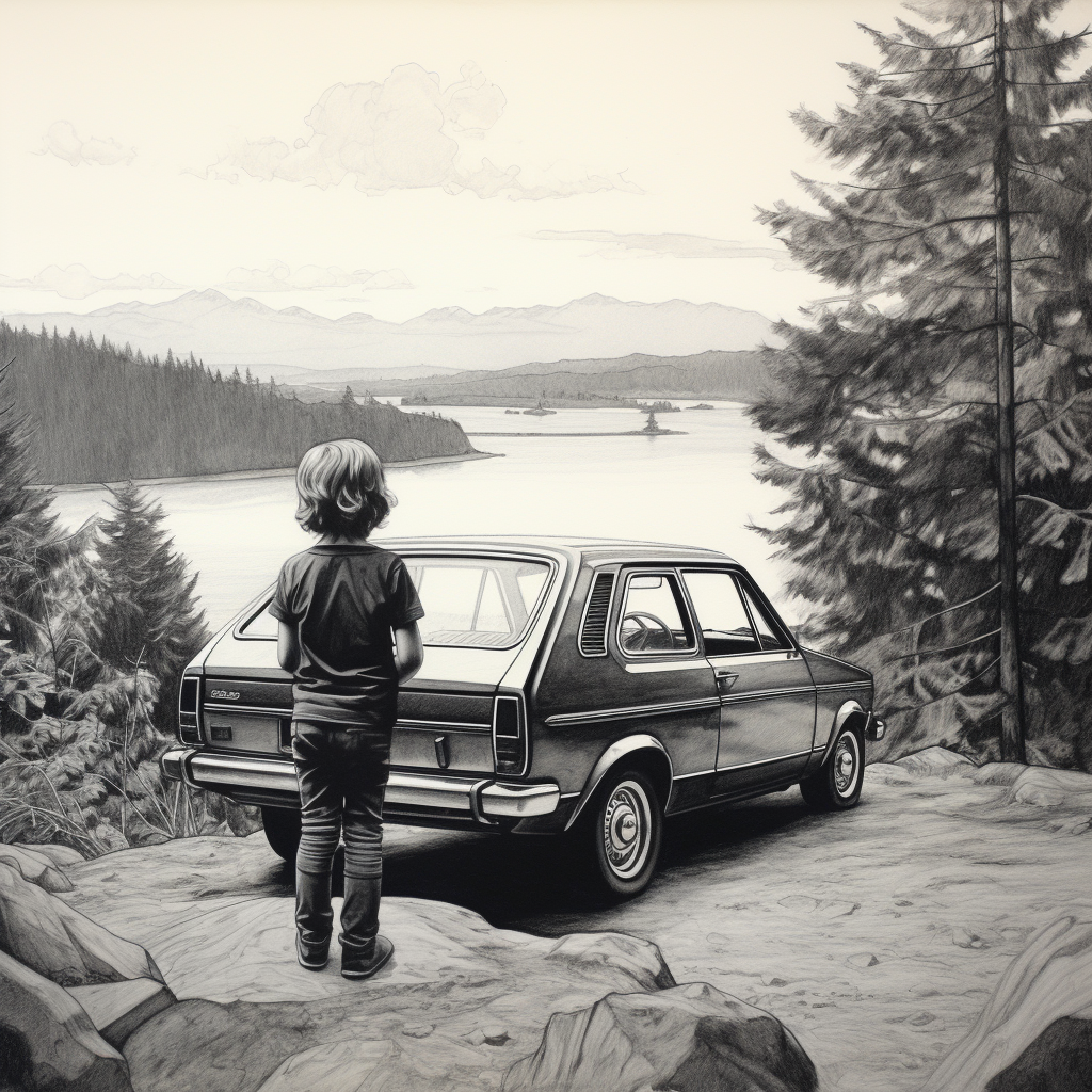 Sketch of kid admiring MK4 GTI in PNW