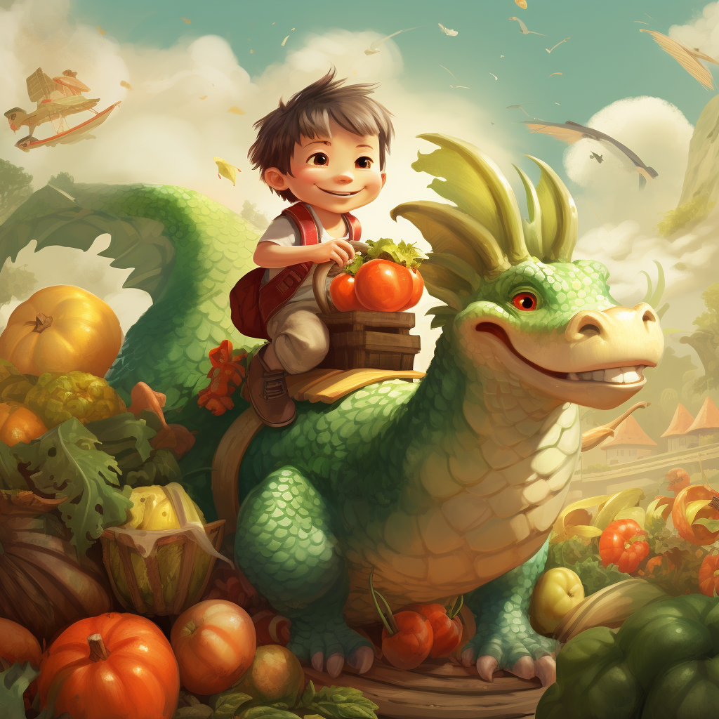 Kid Riding Chinese Dragon Vegetables Spring Illustration