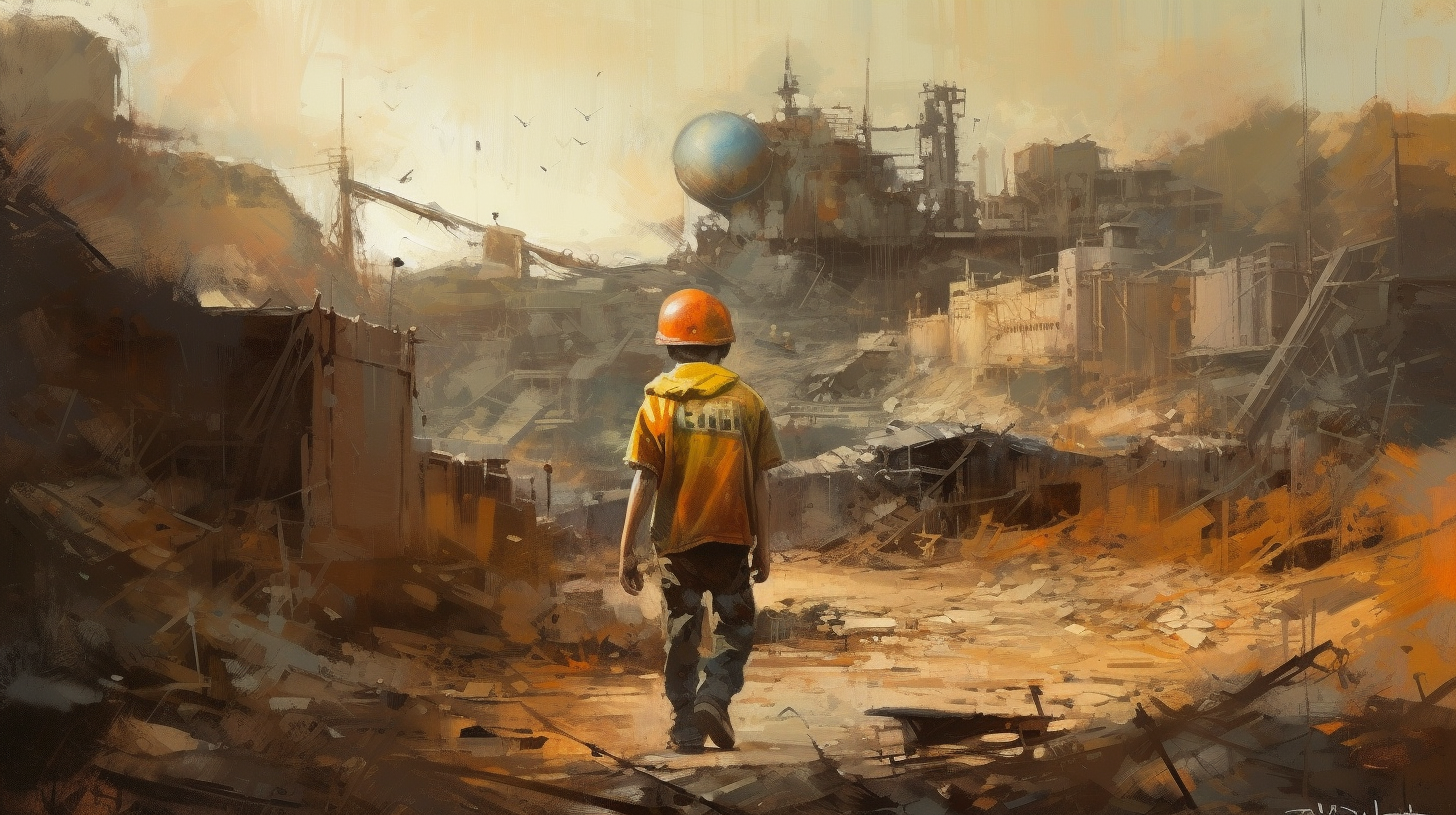 Kid running through construction site with safety helmet