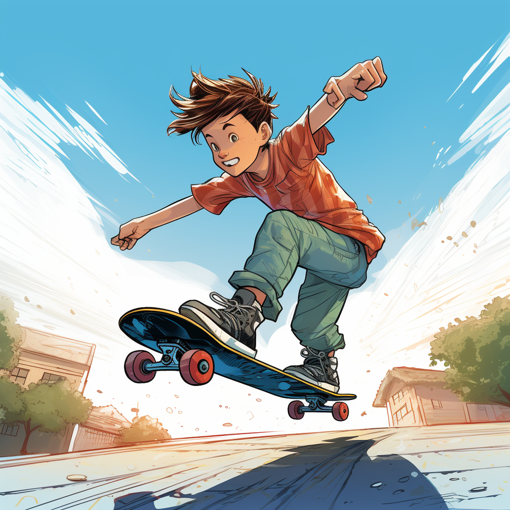 Cartoon kid on skateboard taking risk