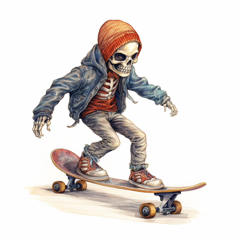 Colorful kid wearing skeleton mask performing skateboard tricks