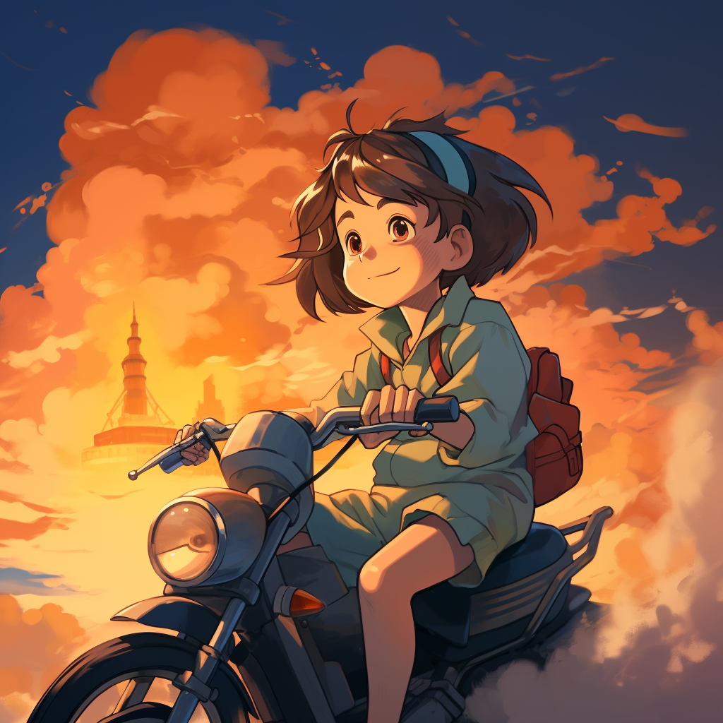 Kid smoking cigarette on moped Ghibli style