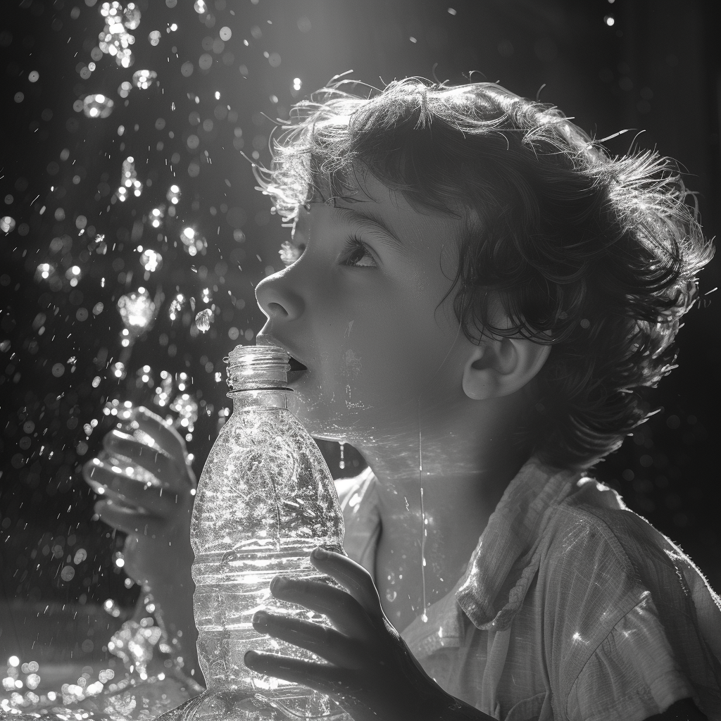 Kid spitting water from glass bottle