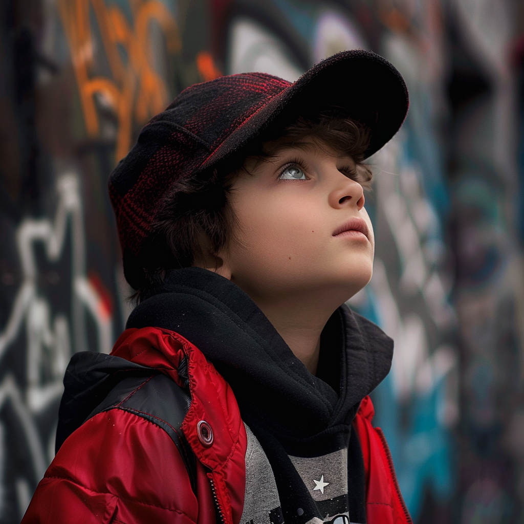 Kid in red and black jacket