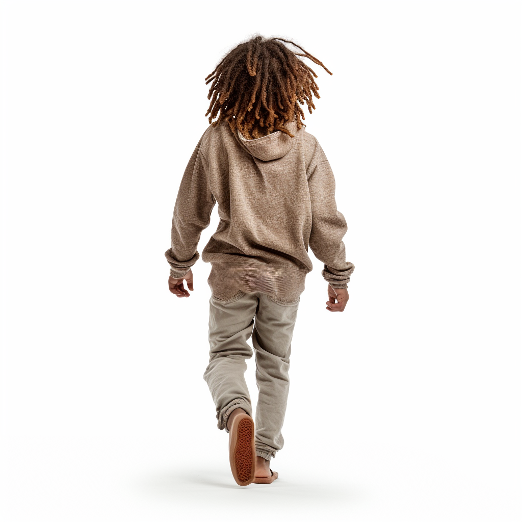 Kid with dreads running, rear view