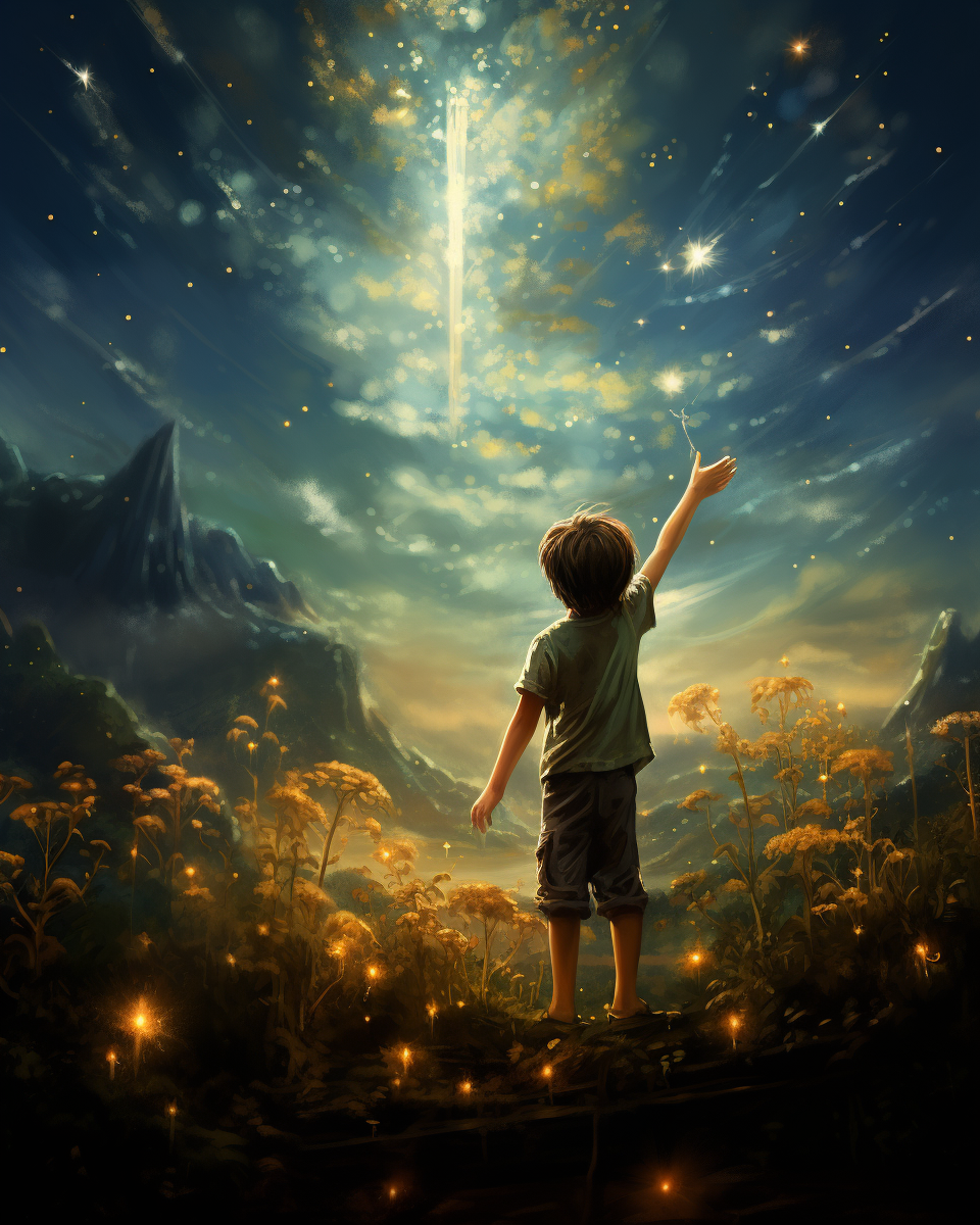 Kid Reaching Star in Colorful Fantasy Realism