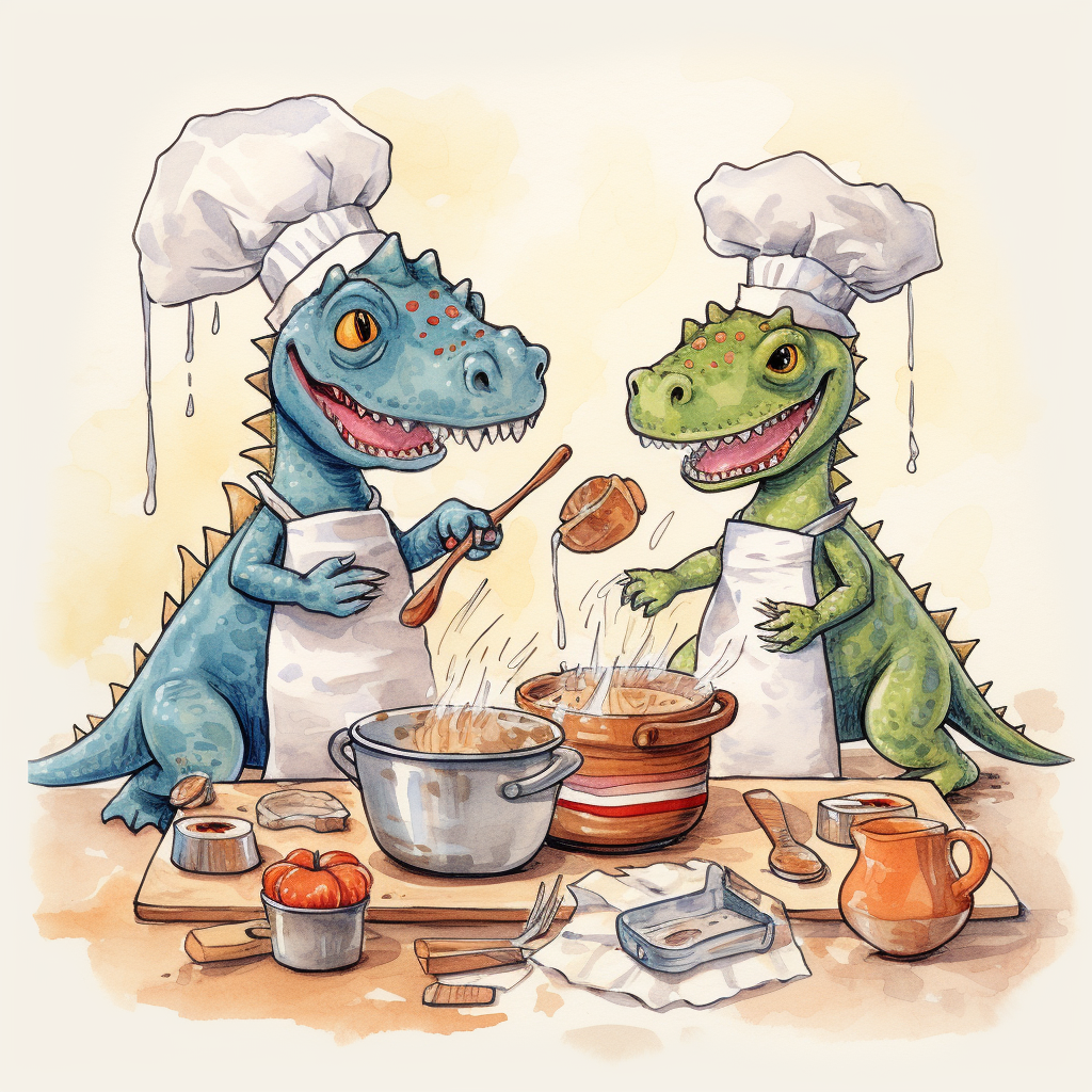 Cute dinosaurs cooking in kids' art