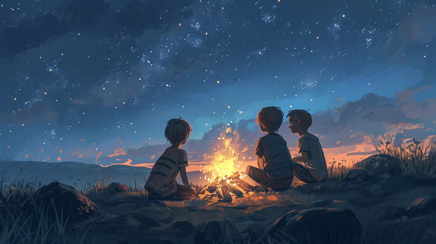 Kids sitting around bonfire under stary sky