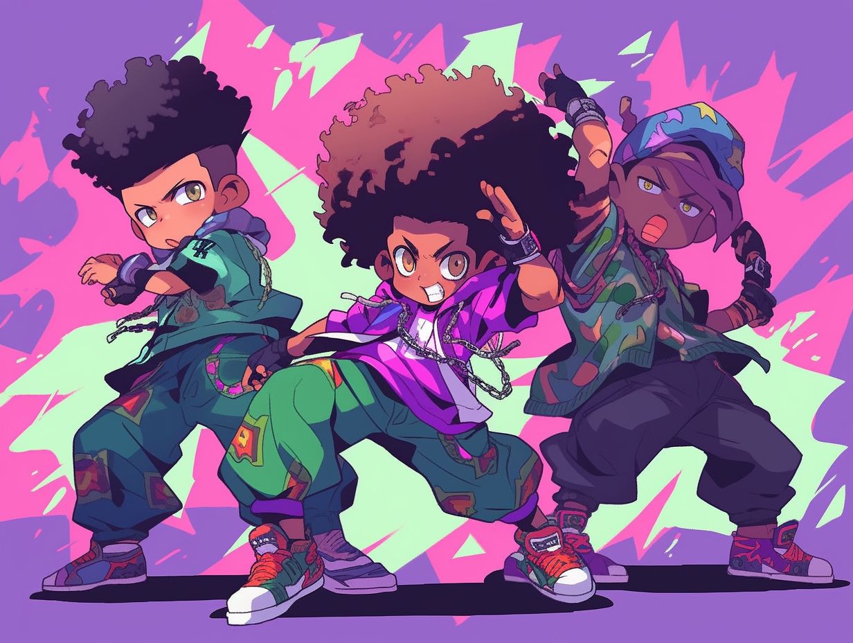 Energetic breakdancing hip hop chibi characters