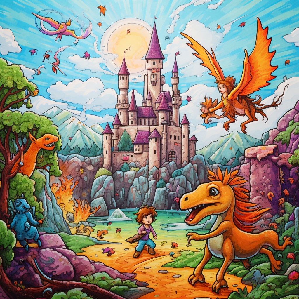 Cartoon kids fairies dragon castle