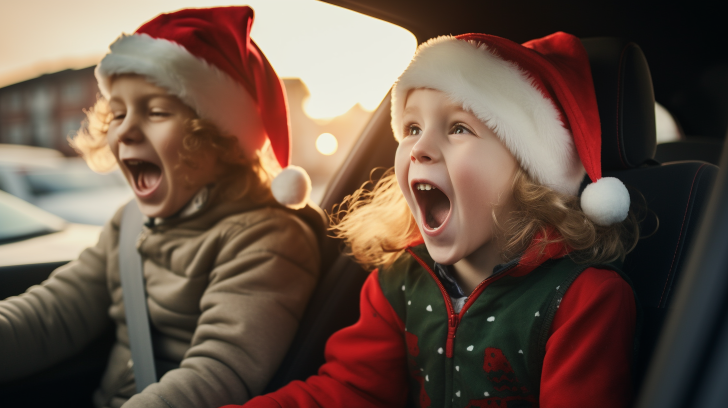 Two Kids Playfully Fighting with Santa Hats