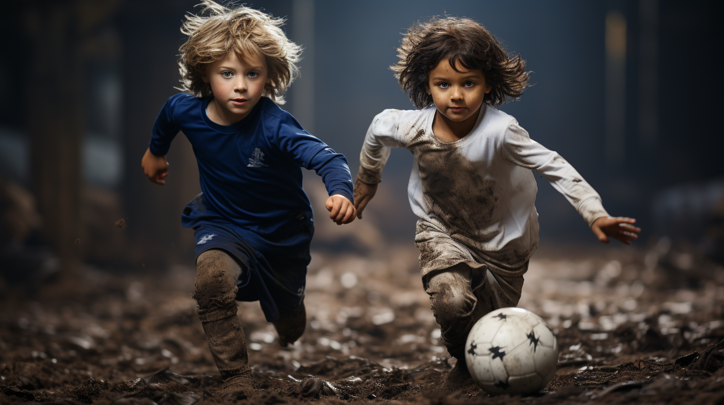 Kids playing football in action